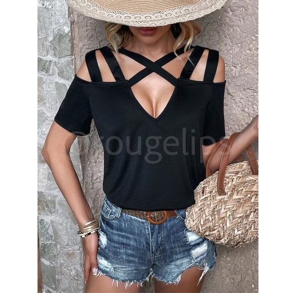 Black Short Sleeve Tee Shirt Top Cold Shoulder Criss Cross Straps - Picture 3 of 7